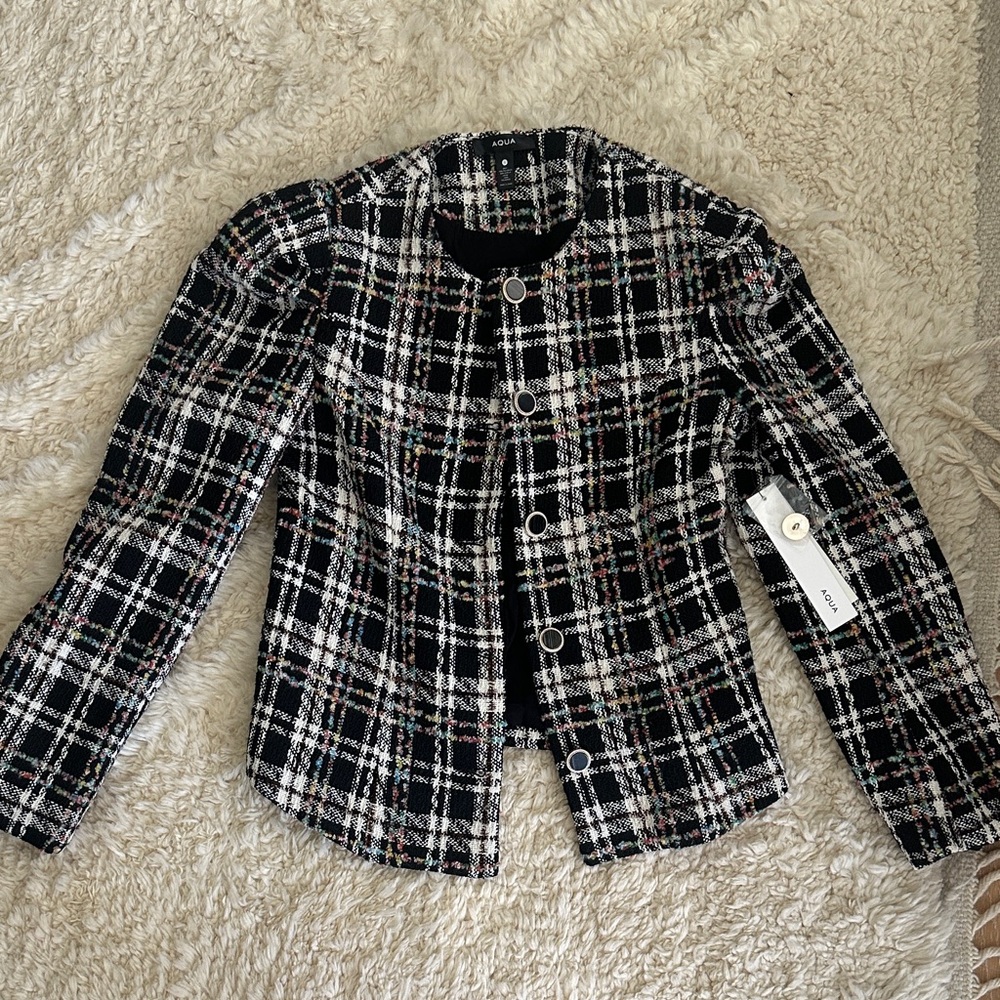 Aqua Black and White Plaid Blazer, Rainbow trim